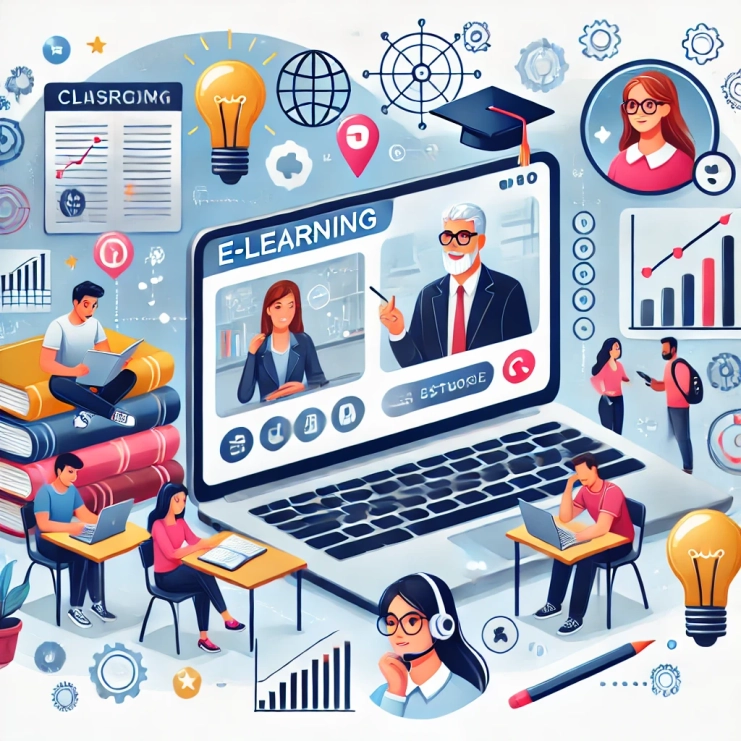 DALL·E 2025-02-10 16.47.16 - A modern e-learning concept illustration featuring students and professionals studying online. The scene includes a laptop with a virtual classroom di